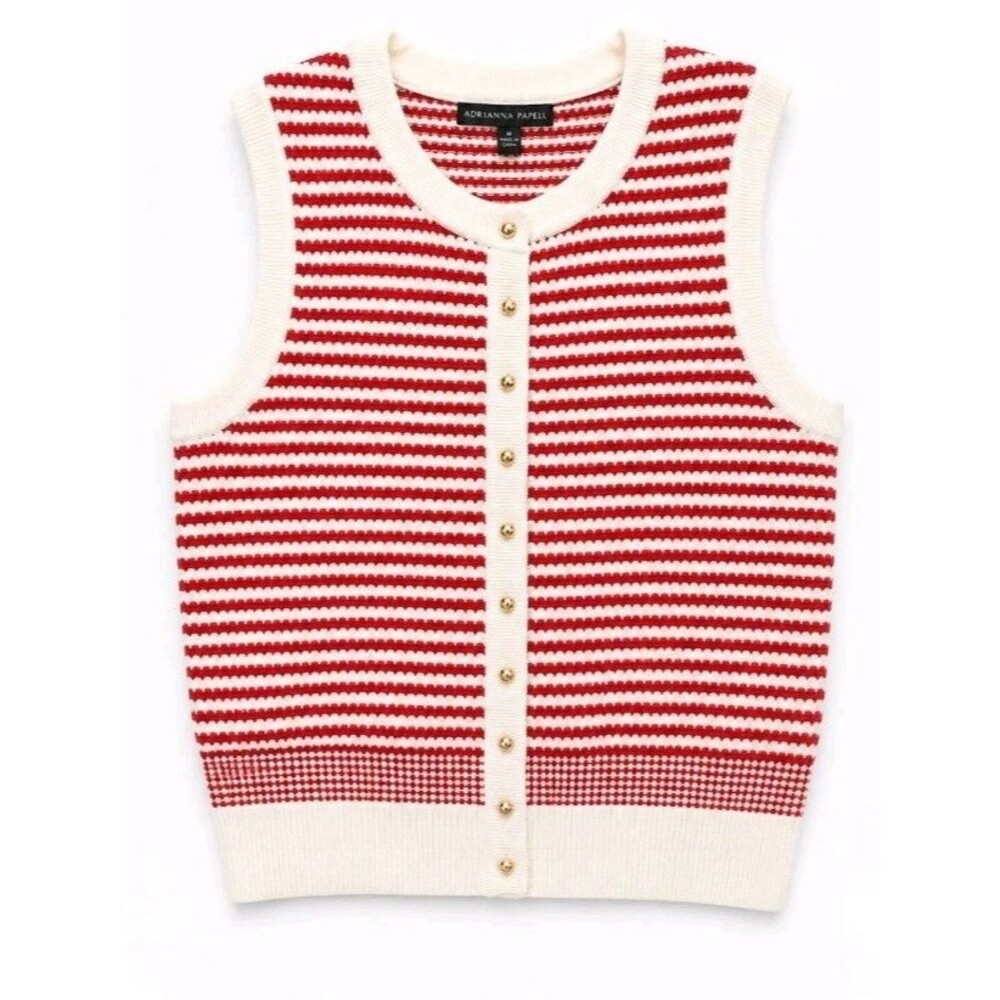 Adrianna Papell Women’s Medium Red Cream Striped Knit Button Front Sweater Vest